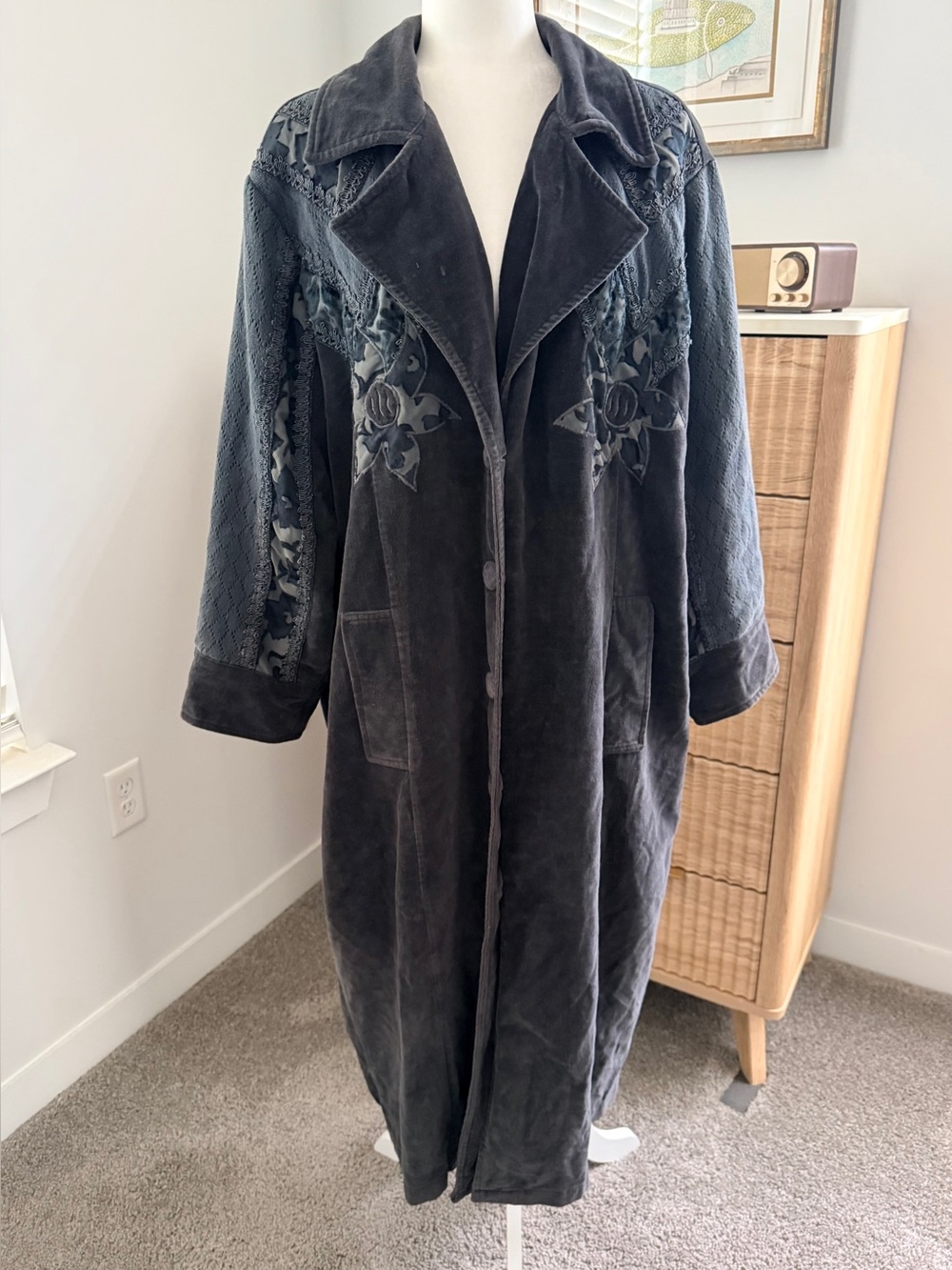 Newport News Y2K blue velvet floral patchwork maxi coat. Womens 2X